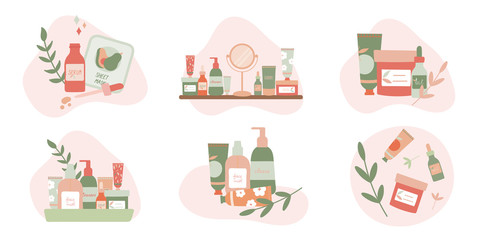 Set of compositions with natural organic cosmetic products in bottles, jars,tubes for skin care.Flat lay photography of skincare products.Cosmetic products,mirror on a shelf.Flat vector illustration.