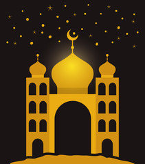 Eid mubarak gold temple with moon and stars vector design
