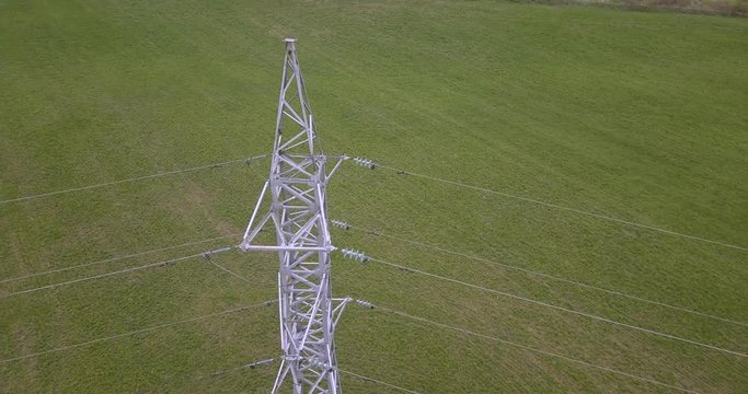 Aerial view of power pylon in filed, Russia