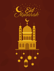 Eid mubarak gold temple with moon hanger lantern and stars vector design