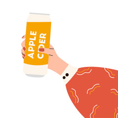 Female hand holding jar of beer. Woman's hans in bright clothes with memphis pattern holding cider jar. Alcohol drink. Concept of beer lover. Side view. Flat vector illustration