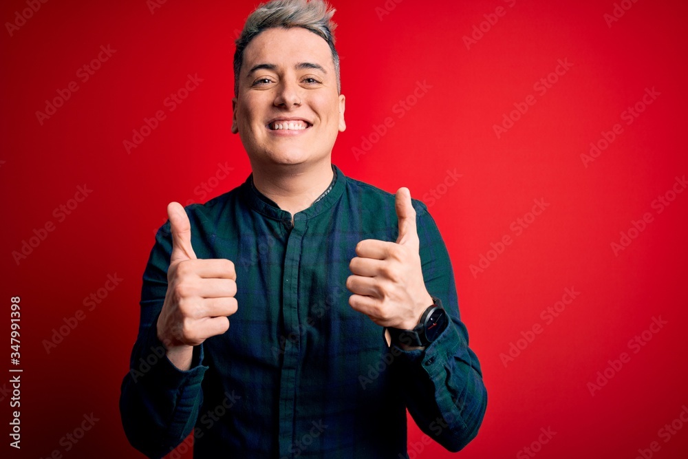 Wall mural young handsome modern man wearing elegant green shirt over red isolated background success sign doin