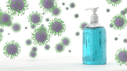 Bottle of alcohol sanitizer stands on a light background surrounded by coronavirus molecules. 3d illustration