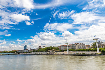 Fototapeta premium Enbankment of the Rhone river in center of Lyon city, Auvergne-Rhone-Alpes region, France