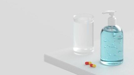 Bottle of alcohol sanitizer stands on the corner of a white table with a glass of water and red-yellow pills. 3d illustration
