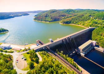 The Orlik Reservoir on Vltava River is largest hydroelectric dam in Czech Republic. Aerial view to important source of sustainable energy in European Union.
