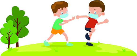 2 boys are playing tag together outside while using medical mask