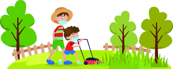 Father and his Son are mowing the garden together illustration