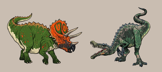 Fototapeta premium Dinosaurs fight. Baryonyx against Triceratops. Dino fight illustration. 