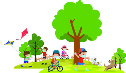 childrens are playing together at the park while using medical mask