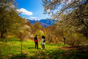 Fototapeta premium Group of hiker on old mountain (stara planina) in serbia at early spring