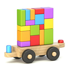 Wooden train wagon with colorful toy bricks 3D