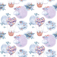 Wallpaper murals Animals in transport Seamless pattern with bears and whales. Colorful watercolor hand painted clipart on white background.  Trendy illustration. Fashion modern style. Fabric print, wrapping paper, packaging, textile.