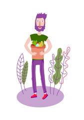 Man carrying grocery shopping paper bag with vegetables and healthy food. Vector flat cartoon modern style design character illustration isolated on white background