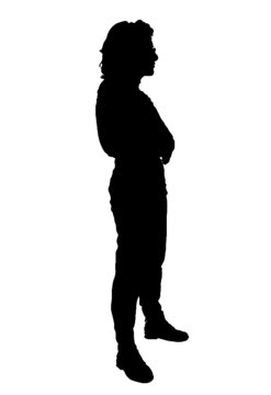 Silhouette of young female French professor or teacher standing upright or slightly leaning back in black or orange or blue vector image or with white background illustration