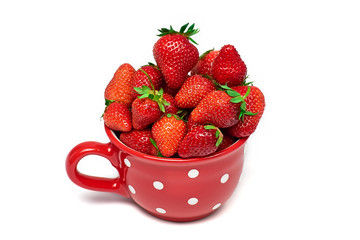 Strawberries in big red cup isolated on white background Close up 