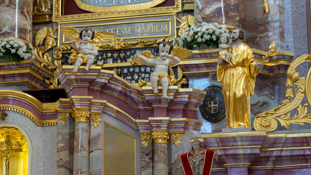 AGLONA, LATVIA – MAY 3 , 2020: Majestic Aglona Cathedral One of the Most Important Catholic Spiritual Centers in Latvia. Deatail of the Interior of an Old Church.