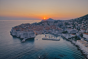Aerial drone sunset panorama of the Dubrovnik old city in Croatia Europe.