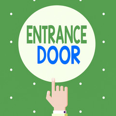 Text sign showing Entrance Door. Business photo showcasing Way in Doorway Gate Entry Incoming Ingress Passage Portal Male Hu analysis Hand Pointing up Index finger Touching Solid Color Circle