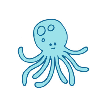 Cute blue octopus isolated doodle outline vector illustration 