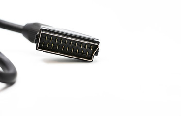 close up view of a male SCART connector cable with 21-pin