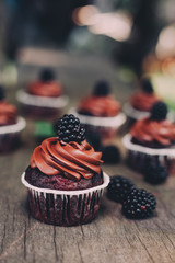 Dark moody blackberry chocolate cupcakes on the rustic table with greens and sugar dust