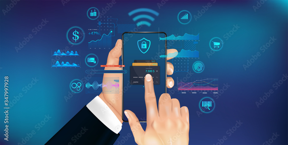 Poster Mobile phone payment concept with NFS technologies. High payment security. Wireless cash transaction technology. Smartphone in hand with futuristic interface. Vector illustration NFS in HUD style