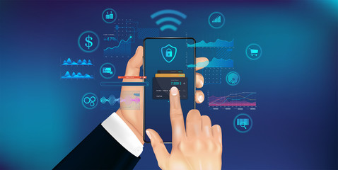 Mobile phone payment concept with NFS technologies. High payment security. Wireless cash transaction technology. Smartphone in hand with futuristic interface. Vector illustration NFS in HUD style