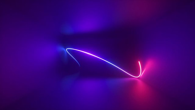 3d abstract neon background, smooth pink blue glowing line moving inside long dark tunnel. Ultraviolet light illumination. Laser ray path, chaotic ricochet track, lighting beam