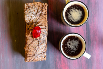 Bread, chocolate cake, coffee for a morning with a lot of happiness and enjoy with the people you love.