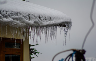 Ice dams with a cold roof at Patnitop Jammu India, Winter landscape
