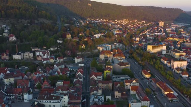 Aerial view of the city Albstadt in spring on la late sunny afternoon during the coronavirus lockdown.