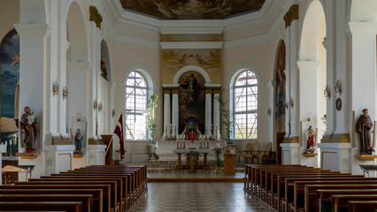 Fototapeta na wymiar AGLONA, LATVIA – MAY 3 , 2020: The Roman Catholic Church in Ludza, Latvia. Deatail of the Interior of an Old Church.