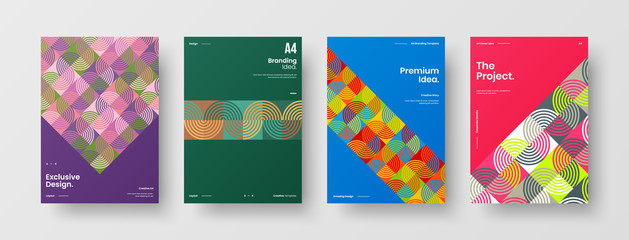 Company identity brochure template collection. Business presentation vector A4 vertical orientation front page mock up set. Corporate report cover abstract geometric illustration design layout bundle.