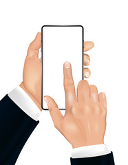 A human hand with smartphone and index finger on the touchscreen. 3D realistic mobile phone and male hands of a businessman in a jacket. Mockup gadget for presentation. Vector illustration