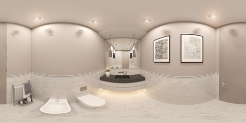 3D render spherical 360 degrees, seamless panorama interior of the toilet in a private cottage
