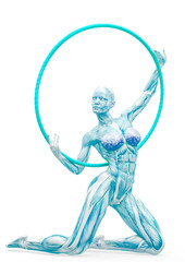 muscle woman doing a gymnastic pose two with a hoop in white background