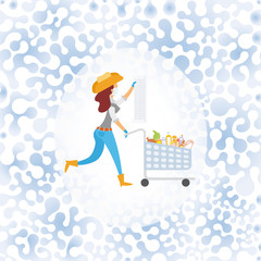 A cowboy girl wearing  medical mask and rubber gloves pushes shopping cart and looking at the paper shopping lists. Shopping during pandemic. Symbolic seamless background of dangerous environment of C