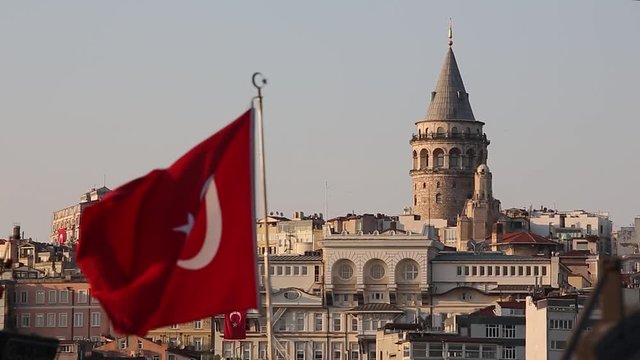 Galata Tower and Turkey flag in Istanbul