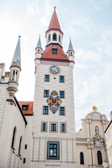 The 27th of May 2019-Panorama of Marienplatz and Munich city hall at morning in Munich, Germany.