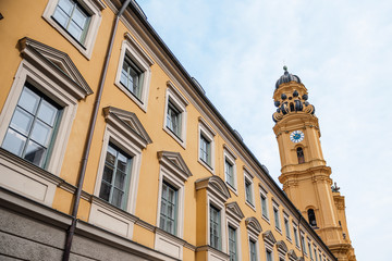 Munich, Germany - May 27, 2019: Hirmer department store in a traditional Bavarian building in downtown Munich