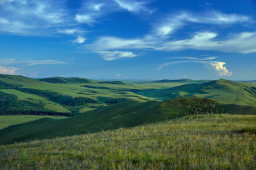 Distant green hills and flowering stapes. Zabaykalsky Krai. Russia.