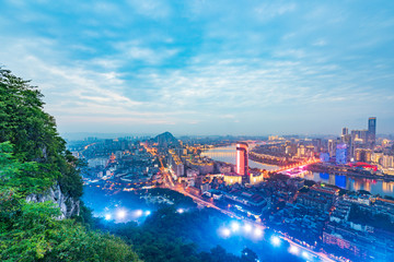 City skyline scenery at twilight in Ma'anshan, Yufeng District, Liuzhou City, Guangxi, China