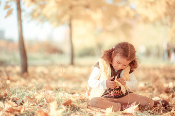 happy little child, baby girl laughing and playing in the autumn on the nature walk outdoors.