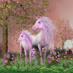 Fototapety  Spring Mare and Foal Unicorns - A white unicorn mare and her foal look towards a sound they heard in a forest full of cherry blossoms.