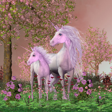 Spring Mare and Foal Unicorns - A white unicorn mare and her foal look towards a sound they heard in a forest full of cherry blossoms.