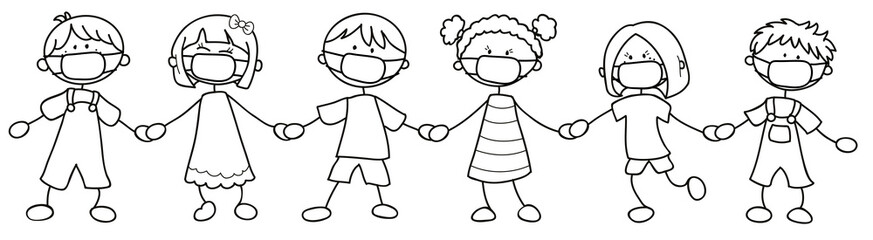 Kinder aus verschiedenen Ländern mit Mundschutz - Vektor Illustration