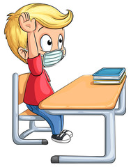 Junge an Schultisch mit Mundschutz - Vektor-Illustration