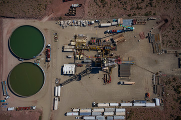 Aerial photo of hydraulic fracturing equipment. (FRACKING)