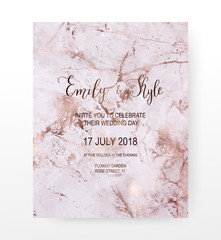 Marble wedding invitation card with copper glitter veins.